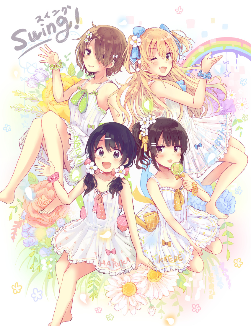 4girls :d ;d absurdres arm_up bangs bare_arms bare_shoulders barefoot black_hair blonde_hair blue_bow blue_flower blue_ribbon blush bow breasts brown_eyes brown_hair candy character_name clothes_writing collarbone commentary_request dress eyebrows_visible_through_hair fang flower food frilled_dress frills green_bow green_flower green_ribbon hair_between_eyes hair_bow hair_flower hair_ornament hair_over_one_eye hair_over_shoulder hairclip highres holding holding_lollipop lollipop long_hair looking_at_viewer low_twintails melting multiple_girls one_eye_closed open_mouth original parted_lips pink_bow pink_flower pink_ribbon pink_rose polka_dot_ribbon purple_rose rainbow ribbon rose sakura_oriko short_hair side_ponytail sidelocks sleeveless sleeveless_dress small_breasts smile star sundress sweat swirl_lollipop twintails two_side_up very_long_hair white_background white_bow yellow_bow yellow_flower yellow_ribbon yellow_rose