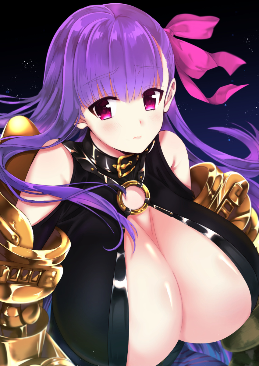 1girl 3: :t belt_collar blush bow breasts center_opening cleavage fate/extra fate/extra_ccc fate/grand_order fate_(series) hair_bow hair_ribbon highres huge_breasts long_hair o-ring_top passion_lip pink_bow pink_ribbon purple_hair red_eyes ribbon solo tanaka_kii upper_body very_long_hair