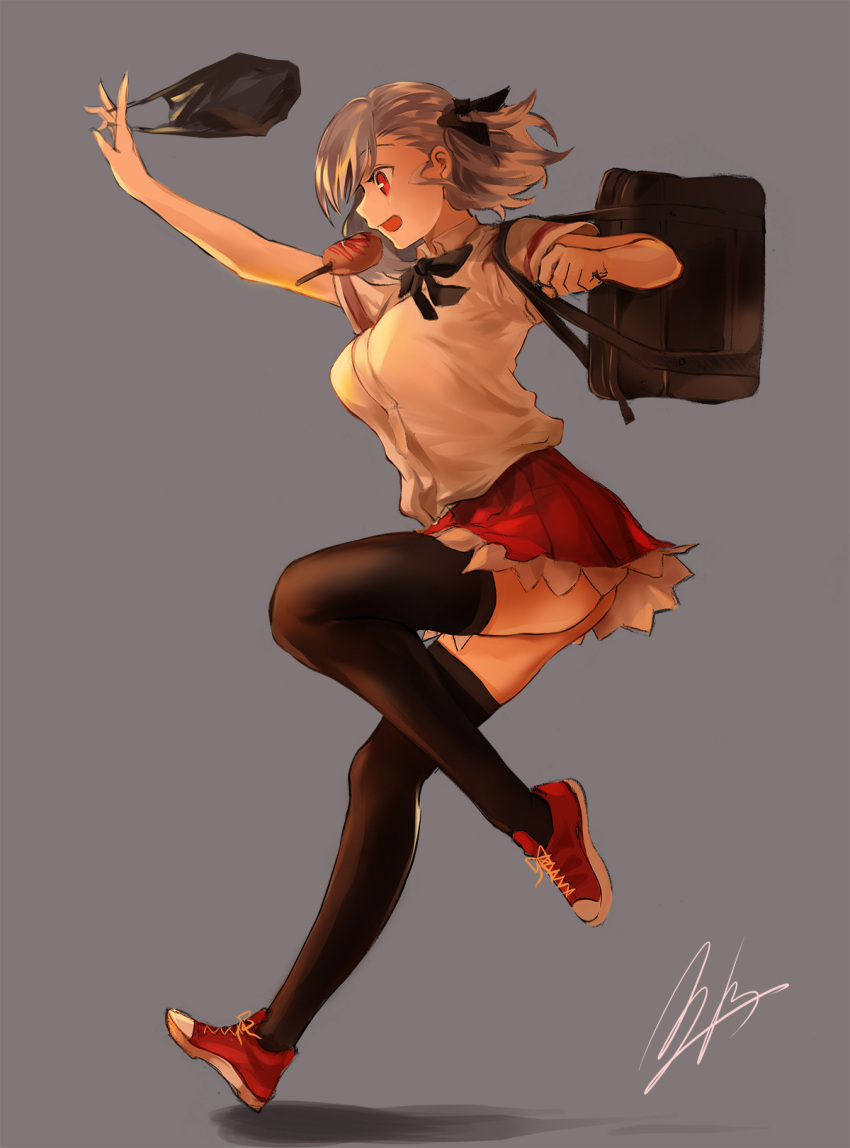 1girl ass black_bow black_legwear black_ribbon bow breasts clenched_hand collared_shirt eyebrows_visible_through_hair food full_body girls_frontline grey_background grey_hair hair_ribbon highres holding_bag hot_dog jumping large_breasts outstretched_arm pantyhose pleated_skirt red_eyes red_footwear ribbon schoold_uniform shadow shirt shoes short_hair simple_background skirt smile sneakers snowru solo spas-12_(girls_frontline) thick_eyebrows thigh-highs thighband_pantyhose thighs uniform white_shirt