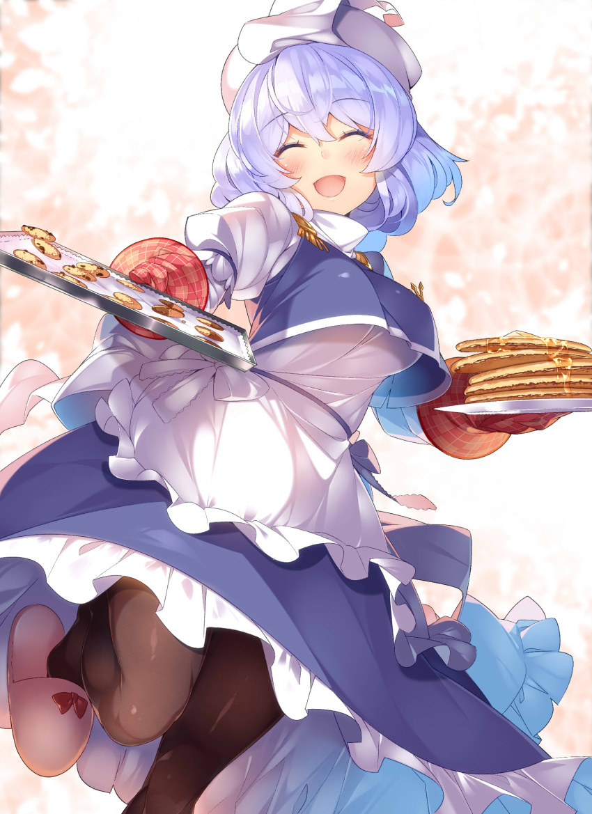 1girl black_legwear blue_hair bow breasts closed_eyes commentary_request cookie crop_top crop_top_overhang food foreshortening hat highres kokka_han large_breasts letty_whiterock long_sleeves open_mouth oven_mitts pancake pantyhose plate puffy_sleeves red_bow slippers smile solo touhou tray white_hat