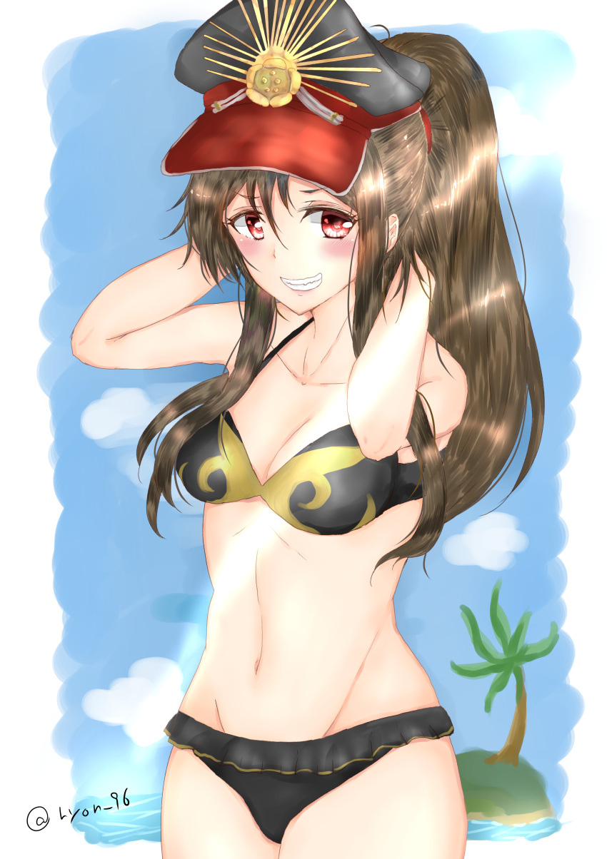 1girl :d absurdres bikini blush breasts brown_hair character_request cleavage cowboy_shot demon_archer fate/grand_order fate_(series) groin hair_between_eyes hands_in_hair hat highres island long_hair medium_breasts navel oda_nobunaga_(swimsuit_berserker)_(fate) open_mouth palm_tree red_eyes riyo_(ryon_96) sketch smile solo swimsuit thighs tree twitter_username