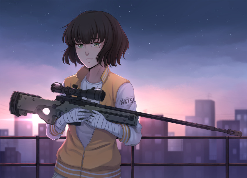 1girl ai_arctic_warfare bandage bandaged_arm bolt_action brown_hair dog_tags green_eyes gun holding holding_gun holding_weapon jacket letterman_jacket looking_at_viewer mole mole_under_eye original reiji-rj rifle short_hair sky sniper_rifle solo star_(sky) starry_sky weapon