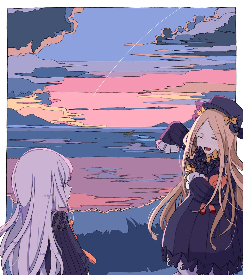 2girls abigail_williams_(fate/grand_order) black_bow black_dress black_hat blonde_hair blush bow clouds commentary_request dress fate/grand_order fate_(series) hair_bow hands_in_sleeves hat highres holding holding_stuffed_animal lavinia_whateley_(fate/grand_order) long_hair long_sleeves looking_at_another mizuo_(5167236) multiple_girls no_nose open_mouth orange_bow pointing ribbed_dress sleeves_past_wrists stuffed_animal stuffed_toy teddy_bear very_long_hair whale_tail white_hair