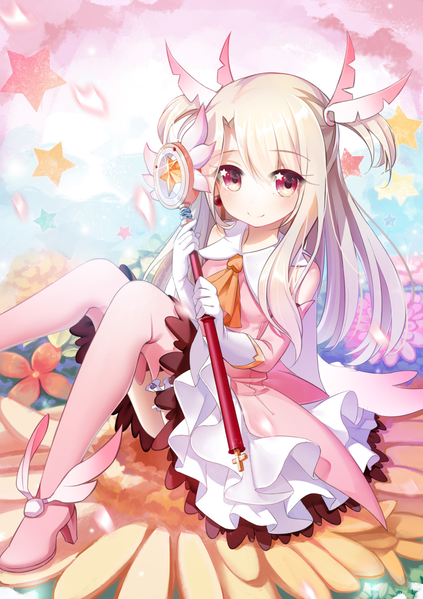 +_+ 1girl absurdres artist_request bare_shoulders blush boots commentary_request elbow_gloves eyebrows_visible_through_hair fate/kaleid_liner_prisma_illya fate_(series) feathers flower gloves hair_feathers highres holding holding_wand illyasviel_von_einzbern kaleidostick knees_together_feet_apart knees_up looking_at_viewer magical_girl magical_ruby pink_footwear pink_legwear prisma_illya red_eyes sitting smile star thigh-highs thigh_boots two_side_up wand white_gloves white_hair