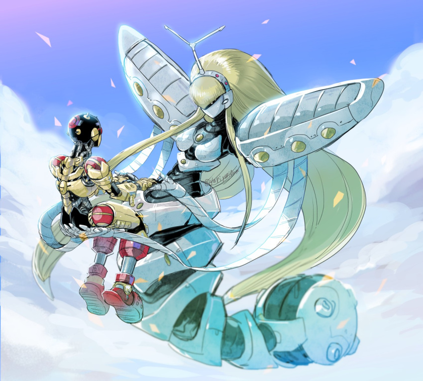 1boy 1girl antennae blonde_hair character_request clouds copyright_request extra_arms flying foot_dangle hand_holding height_difference holding_person long_hair looking_at_another outdoors petals robot sidelocks sitting twitter_username very_long_hair yuriyuri_(ccc)