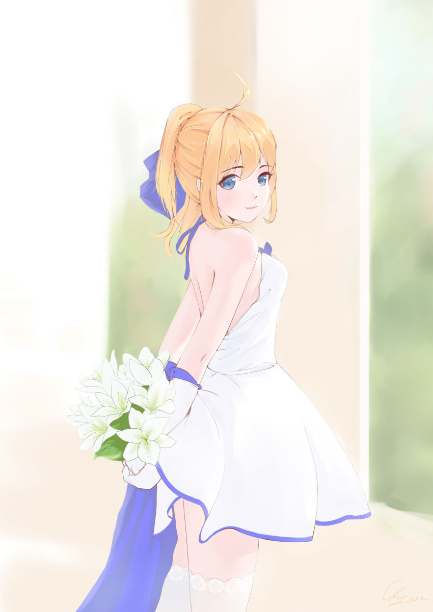 1girl 2017 absurdres ahoge arms_behind_back artist_request artoria_pendragon_(all) blonde_hair blue_eyes blue_ribbon bouquet dated dress fate_(series) flower gloves highres lace lace-trimmed_thighhighs lily_(flower) lips long_hair looking_at_viewer open-back_dress ribbon saber saber_lily smile solo thigh-highs white_gloves