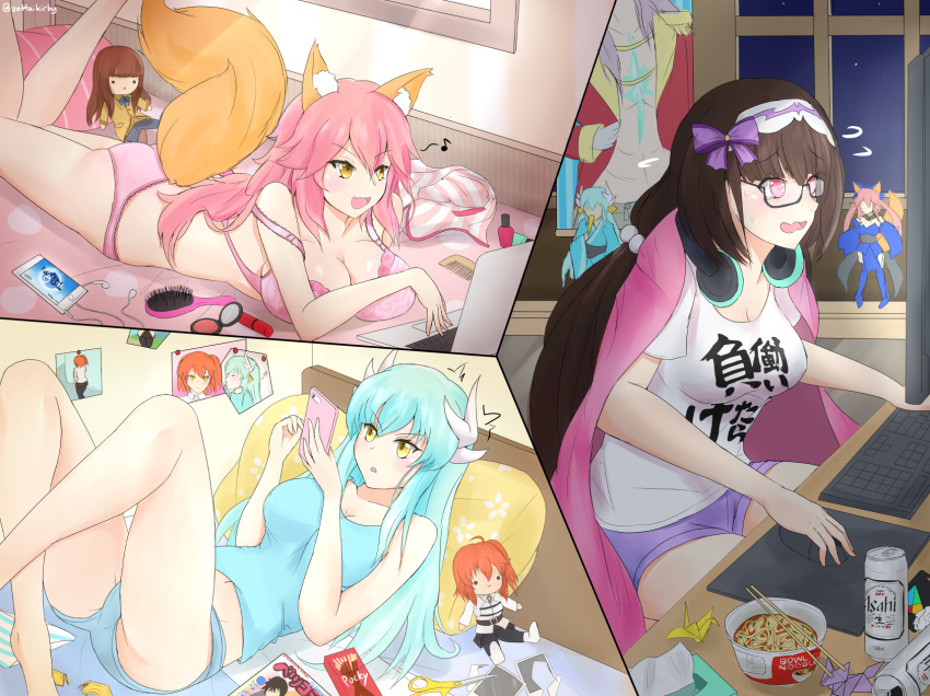 3girls @_@ ahoge animal_ears aqua_hair black_hair bow bowl bra breasts casual cellphone character_doll chopsticks comb commentary_request computer dragon_horns fang fate/extra fate/grand_order fate_(series) food fox_ears fox_tail fujimaru_ritsuka_(female) hadoukirby hair_bow hair_brush headphones headphones_around_neck highres horns kishinami_hakuno_(female) kiyohime_(fate/grand_order) laptop large_breasts lingerie lying multiple_girls noodles on_back on_stomach open_mouth orange_hair origami osakabe-hime_(fate/grand_order) panties paper_crane phone photo_(object) pink_hair pocky saber_of_black scissors side_ponytail sitting smartphone tail tamamo_(fate)_(all) tamamo_no_mae_(fate) twitter_username underwear yellow_eyes