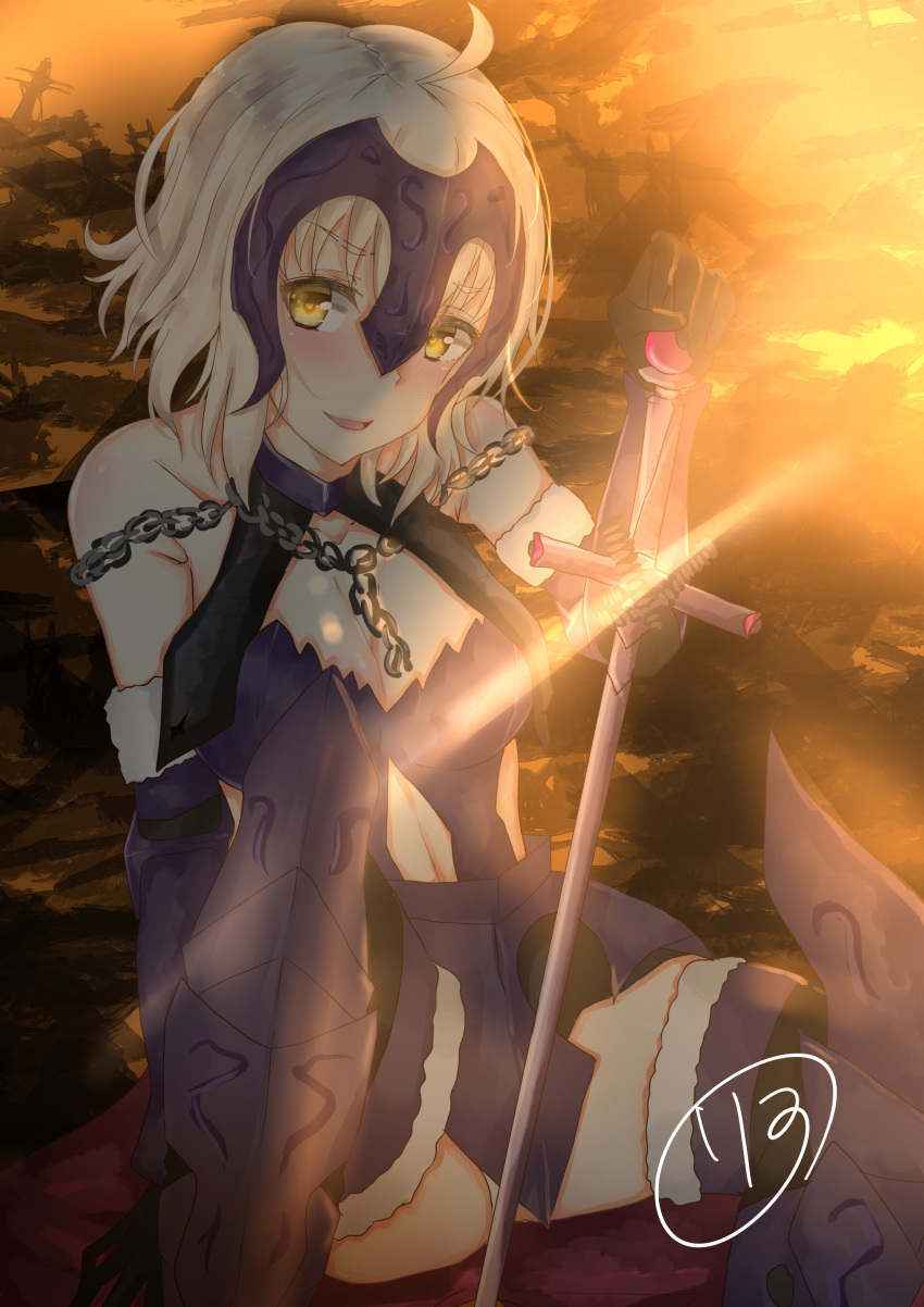 1girl absurdres ahoge blonde_hair blush breasts chains elbow_gloves fate/grand_order fate_(series) fur-trimmed_gloves fur-trimmed_legwear fur_trim gloves highres jeanne_d'arc_(alter)_(fate) jeanne_d'arc_(fate)_(all) long_hair looking_at_viewer panties pantyshot pantyshot_(sitting) riyo_(ryon_96) sitting sketch solo sword thighs underwear weapon white_legwear yellow_eyes