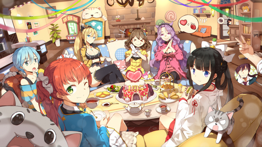 &gt;_&lt; 1boy 6+girls :q :t ahoge bangs black_hair black_legwear blazer blue_hair bow braid breasts brown_hair cake cake_stand cat cleavage closed_mouth collarbone couch crop_top cropped_jacket cup curly_hair d: eyebrows_visible_through_hair facial_hair fang_out food goatee green_eyes hair_bow hair_bun hair_ornament hair_rings hair_scrunchie hakama_skirt heart highres holding holding_cup holding_food indoors jacket japanese_clothes jitome large_breasts legs_crossed lf living_room long_hair looking_back miko miniskirt multiple_girls off-shoulder_shirt off_shoulder on_couch one_eye_closed one_side_up open_mouth orange_hair out_of_frame parfait pastry photobomb pleated_skirt pov purple_hair rimless_eyewear sandwich saucer scrunchie shaonyu_cofee_gun shirt short_hair side_bun side_ponytail sidelocks sitting skirt sleeves_past_elbows spoken_squiggle spoon squiggle striped striped_shirt tareme teacup teapot teeth thigh-highs thought_bubble tongue tongue_out v-shaped_eyebrows violet_eyes wavy_hair white_skirt wide_sleeves yellow_bow