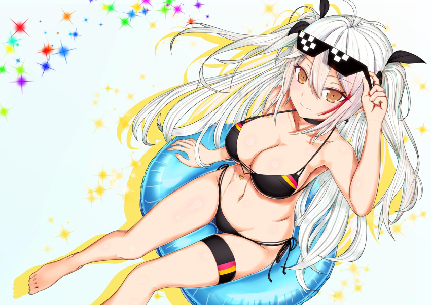 1girl antenna_hair arm_at_side arm_up armpits azur_lane bare_arms bare_legs bare_shoulders barefoot bikini black_bikini black_choker black_ribbon blush breasts cleavage closed_mouth collarbone deal_with_it eyebrows_visible_through_hair eyewear_on_head flag_print from_above german_flag_bikini hair_between_eyes highres innertube large_breasts long_hair multicolored_hair navel prinz_eugen_(azur_lane) redhead ribbon side-tie_bikini silver_hair sitting smile solo sparkle_background stomach swimsuit thigh_strap tsurime two-tone_hair two_side_up uxesuto very_long_hair