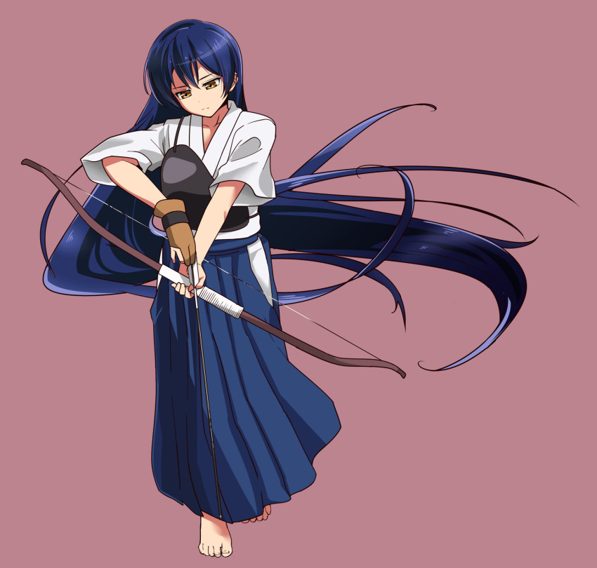 1girl archery arrow bangs barefoot blue_hair blue_hakama bow_(weapon) closed_eyes commentary_request drawing_bow gloves hair_between_eyes hakama highres japanese_clothes kyuudou long_hair love_live! love_live!_school_idol_project muneate panimiiru partly_fingerless_gloves simple_background single_glove smile solo sonoda_umi very_long_hair weapon yellow_eyes yugake
