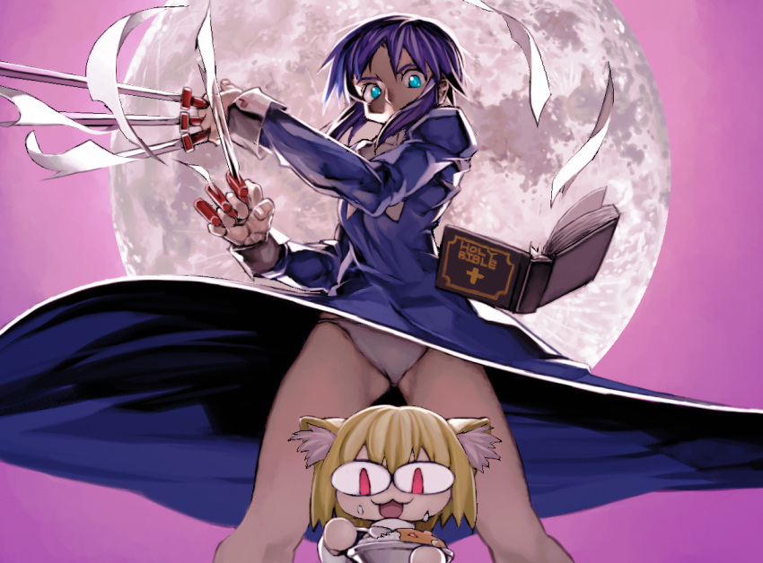 2girls :3 animal_ears aqua_eyes backlighting between_fingers bible big_eyes blade blonde_hair blue_dress bowl chibi_inset ciel clenched_hands commentary_request covered_mouth curry dress dress_lift eating fighting_stance food full_moon glaring long_sleeves looking_at_another looking_down materializing medium_hair melty_blood moon multiple_girls open_mouth pages panties pink_background purple_hair red_eyes sidelocks sleeves_folded_up spoon standing sweatdrop thighs tsukihime underwear white_panties wide_stance ysk!