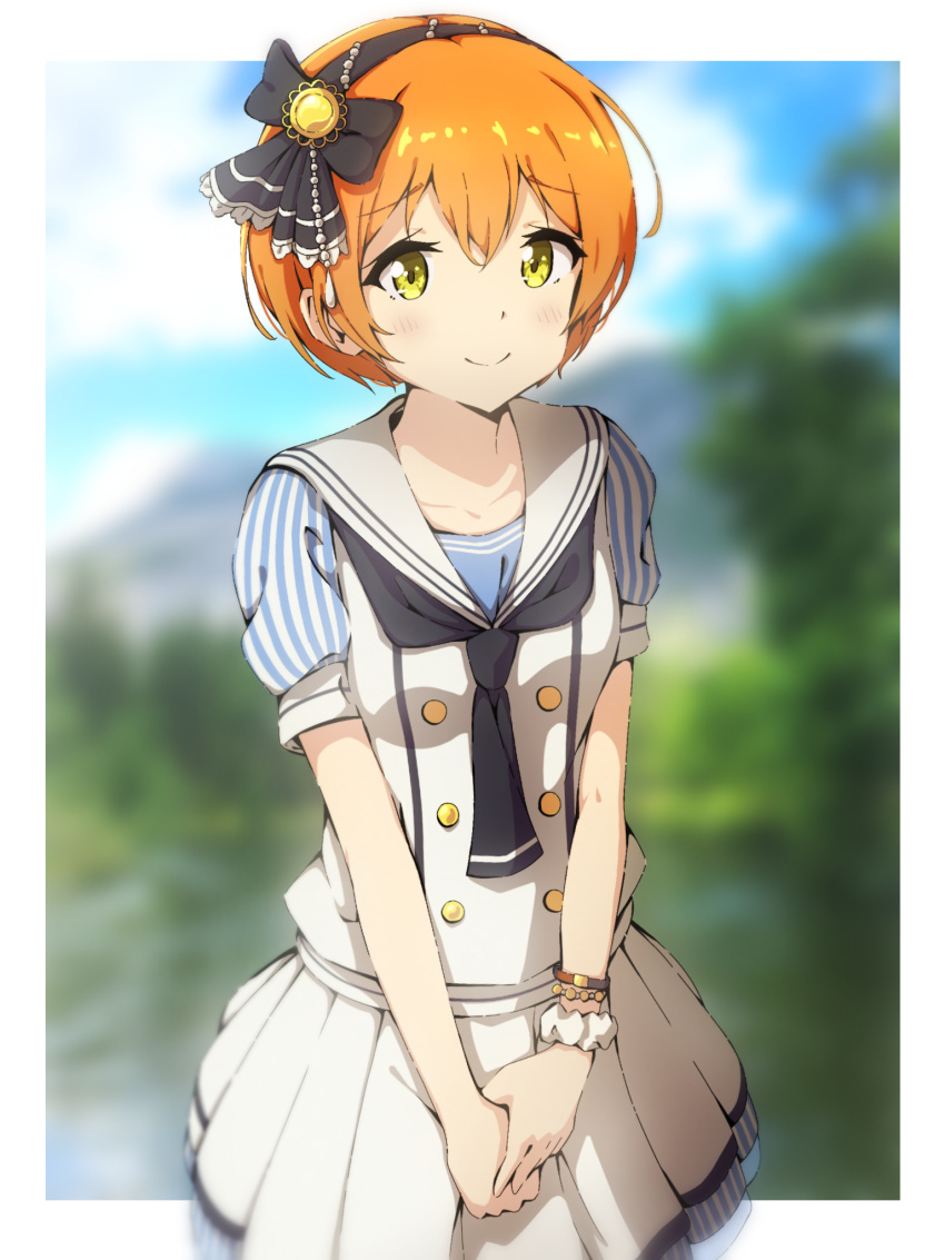 1girl black_neckwear blurry bow bracelet buttons commentary_request depth_of_field dress hair_bow hairband hands_together highres hoshizora_rin jewelry looking_at_viewer love_live! love_live!_school_idol_festival love_live!_school_idol_project neckerchief orange_hair outdoors sailor_collar sailor_dress senguyen1011 short_hair short_sleeves solo striped_sleeves yellow_eyes