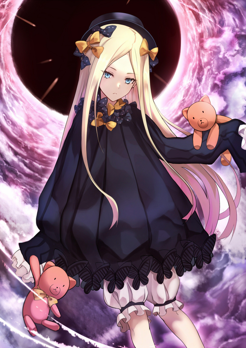 1girl abigail_williams_(fate/grand_order) black_bow black_dress black_hat blonde_hair bloomers blue_eyes bow bowtie closed_mouth clouds cloudy_sky dress expressionless fate/grand_order fate_(series) floating_hair gradient_sky hair_bow hands_in_sleeves hat head_tilt highres holding holding_stuffed_animal long_hair long_sleeves looking_at_viewer orange_bow orange_neckwear polka_dot polka_dot_bow purple_sky red_sky shiguru short_dress sidelocks sky solo straight_hair stuffed_animal stuffed_toy teddy_bear tsurime underwear very_long_hair white_bloomers wind