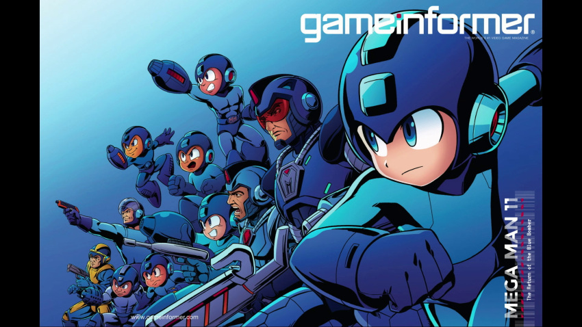 arm_cannon armor blue_background bodysuit capcom cover gun helmet highres magazine_cover multiple_persona official_art open_mouth rockman rockman_(character) rockman_(classic) smile visor weapon