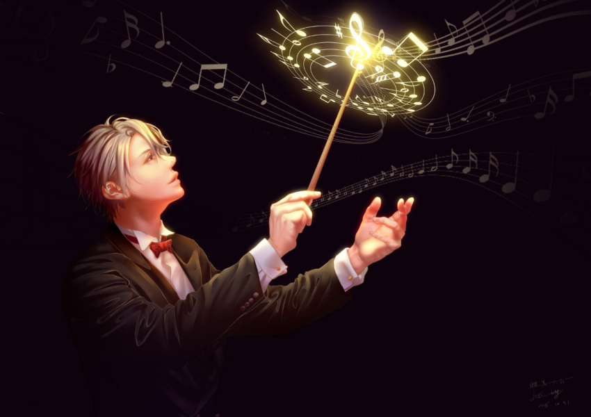 1boy anhei_dabai baton_(instrument) beamed_quavers black_background dated formal grey_hair looking_up male_focus music musical_note nodame_cantabile outstretched_hand red_neckwear semiquaver solo standing suit treble_clef upper_body