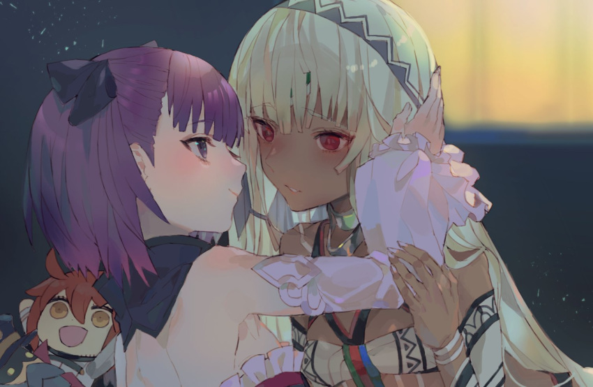 2girls altera_(fate) bare_shoulders black_bow blonde_hair blush bow character_doll closed_mouth dark_skin detached_collar detached_sleeves eye_contact eyebrows_visible_through_hair fate/grand_order fate_(series) fujimaru_ritsuka_(female) hair_bow hand_on_another's_head helena_blavatsky_(fate/grand_order) kibadori_rue long_hair looking_at_another multiple_girls parted_lips purple_hair red_eyes riyo_(lyomsnpmp)_(style) short_hair smile veil violet_eyes yuri