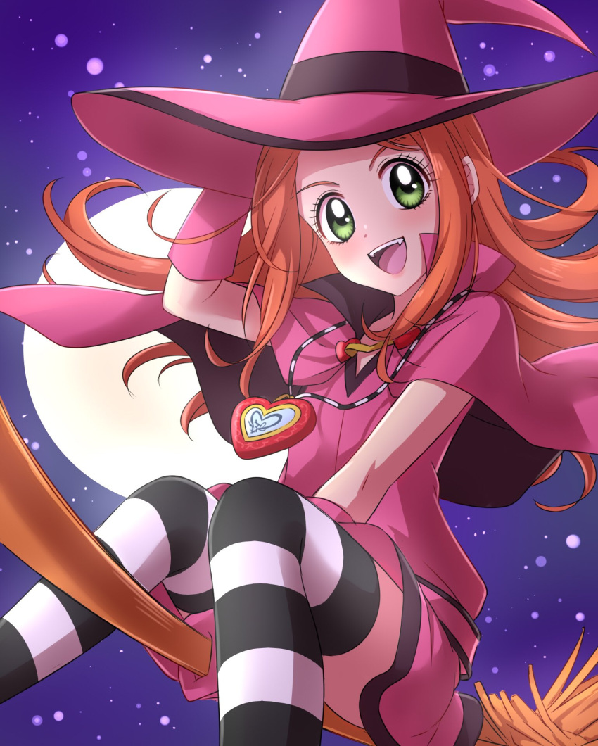 00s 1girl :d between_legs blush broom broom_riding dress fangs feet_out_of_frame flying full_moon gloves green_eyes hand_between_legs hand_on_headwear hand_up hat heart heart_necklace high_collar highres knees_together_feet_apart long_hair looking_at_viewer meilleure_chocolat moon night night_sky open_mouth orange_hair outdoors pink_cape pink_dress pink_gloves purple_sky sekina sky smile solo star_(sky) starry_sky striped striped_legwear sugar_sugar_rune thigh-highs witch_hat