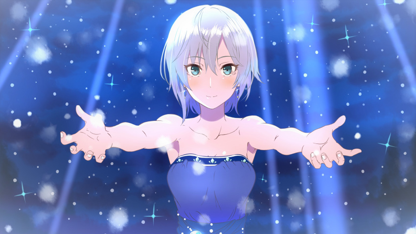 1girl anastasia_(idolmaster) armpit_peek bare_arms bare_shoulders blue_dress blue_eyes breasts collarbone commentary dress earrings eyebrows_visible_through_hair foreshortening hair_between_eyes highres idolmaster idolmaster_cinderella_girls jewelry light_blush light_particles looking_at_viewer medium_breasts okuba outstretched_arms short_hair silver_hair smile snowing solo sparkle spread_fingers strapless strapless_dress tsurime upper_body