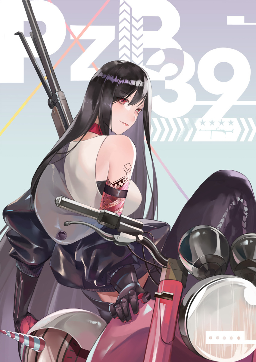 1girl alternate_costume ankle_boots anti-tank_rifle arm_support arm_tattoo biker_clothes black_footwear black_hair black_jacket boots breasts character_name cleavage closed_mouth eyebrows_visible_through_hair eyes_visible_through_hair eyewear_removed from_behind girls_frontline gloves ground_vehicle gun hair_between_eyes headwear_removed helmet helmet_removed highres jacket jiji_(pixiv10646874) long_hair looking_at_viewer medium_breasts midriff_peek motor_vehicle motorcycle neck_ribbon open_clothes open_jacket pzb39_(girls_frontline) pzb39_(gun) red_eyes red_ribbon ribbon rifle sitting_on_bike smile solo star tattoo very_long_hair weapon zipper