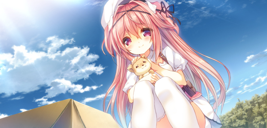 1girl aisia_mayfield animal_ears beret black_ribbon blush box cardboard_box closed_mouth clouds day dog dog_ears dress dutch_angle eyebrows_visible_through_hair from_below game_cg hair_between_eyes hair_ribbon hat karakara_(game) long_hair looking_at_viewer official_art outdoors p19 petting pink_eyes pink_hair plant pouch puffy_short_sleeves puffy_sleeves puppy ribbon short_sleeves sky smile squatting sunlight thigh-highs two_side_up very_long_hair white_hat white_legwear