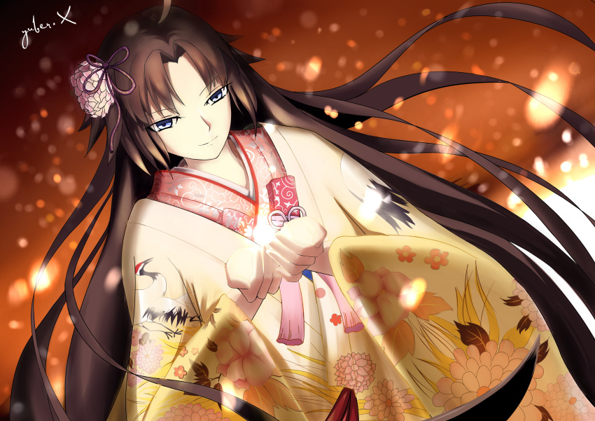 1girl absurdly_long_hair absurdres artist_name blue_eyes brown_hair dutch_angle fate/grand_order fate_(series) floral_print hair_ornament highres japanese_clothes kara_no_kyoukai kimono light_smile long_hair obi ryougi_shiki sash solo type-moon very_long_hair wide_sleeves yuber.x