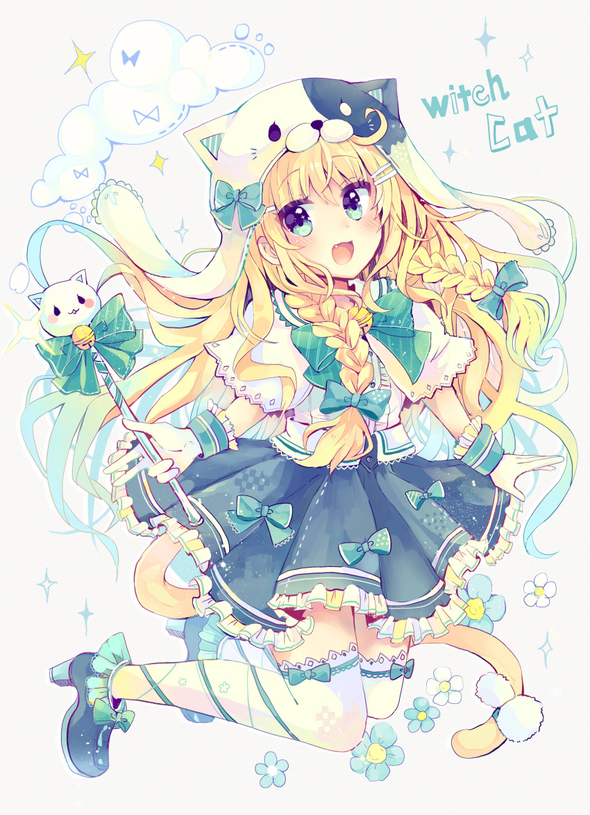 1girl :d absurdres ahoge animal_ears animal_hood bangs bell blonde_hair blue_bow blue_footwear blue_skirt blush bow bow_legwear bowtie braid cat_ears cat_girl cat_hood cat_tail center_frills clouds commentary_request eyebrows_visible_through_hair fang flower frilled_skirt frills gloves green_bow hair_between_eyes hair_bow hair_ornament hairclip hairpin high_heels highres holding holding_wand hood jingle_bell leg_ribbon long_hair looking_at_viewer open_mouth original outstretched_arms revision ribbon sakura_oriko shirt shoe_bow shoes short_hair short_sleeves skirt smile solo sparkle tail thigh-highs twin_braids wand white_gloves white_legwear white_shirt