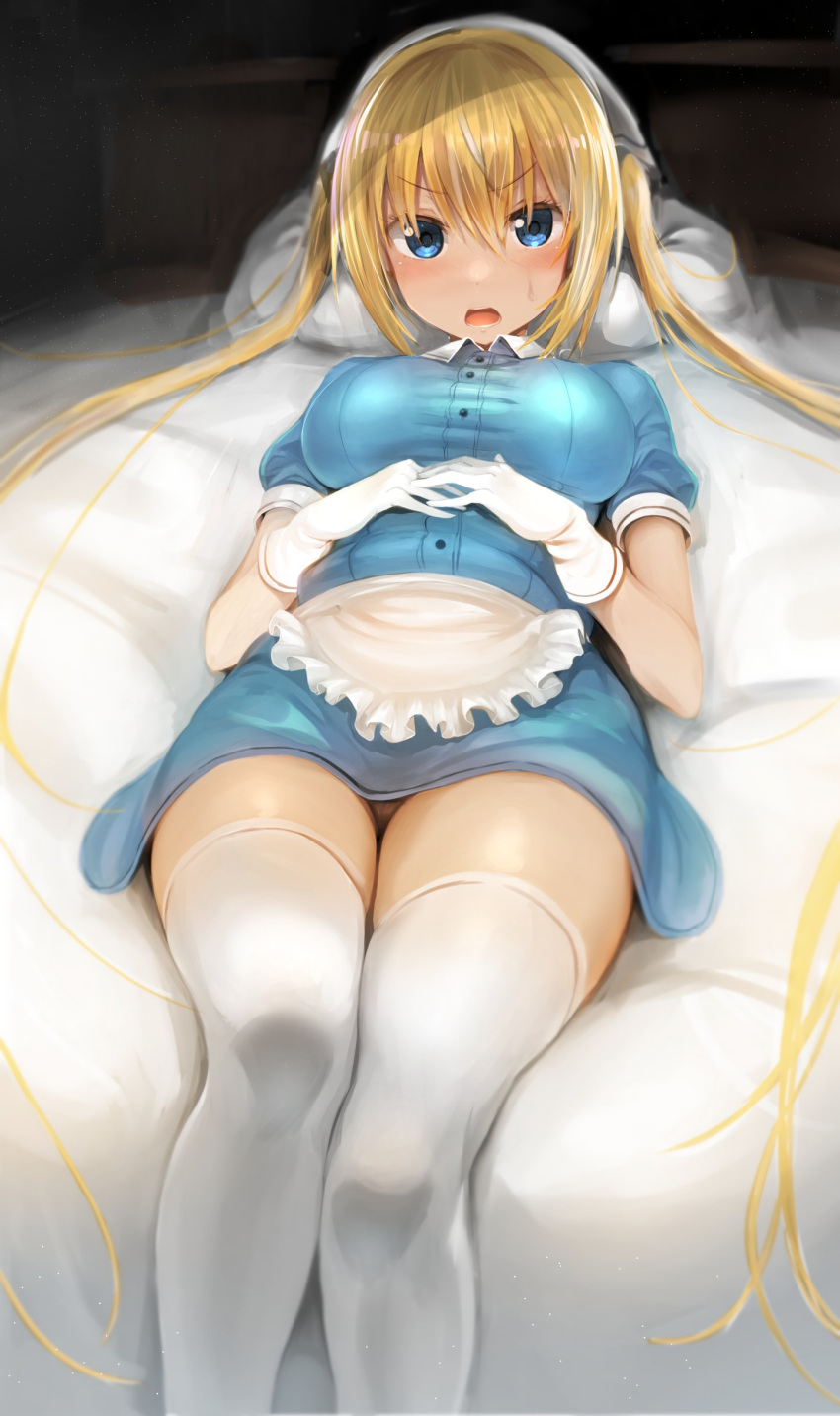 1girl absurdres blend_s blonde_hair blue_eyes blush breasts commentary_request gloves greatmosu hair_between_eyes head_scarf highres hinata_kaho large_breasts long_hair looking_at_viewer lying on_back open_mouth solo stile_uniform thigh-highs very_long_hair waitress white_gloves white_legwear