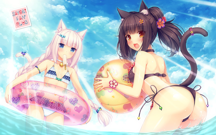 2girls :d animal_ears armlet artist_name ass ball bangs beachball bell bell_choker bikini black_bikini black_choker blue_eyes blue_nails blue_sky blunt_bangs braid breasts brown_eyes brown_hair candy_hair_ornament cat_ears cat_tail chocola_(sayori) choker clouds day double_bun eyes_visible_through_hair flower food food_in_mouth food_themed_hair_ornament hair_bun hair_flower hair_ornament hair_up hairclip heart heart_print highres innertube jingle_bell leaning_forward light_rays long_hair looking_at_viewer mouth_hold multiple_girls nail_polish nekopara o-ring_bikini official_art open_mouth orange_nails outdoors popsicle sayori shoulder_blades side-tie_bikini sky slit_pupils small_breasts smile sunbeam sunlight swimsuit tail tail_ornament twin_braids vanilla_(sayori) very_long_hair water white_bikini white_choker white_hair