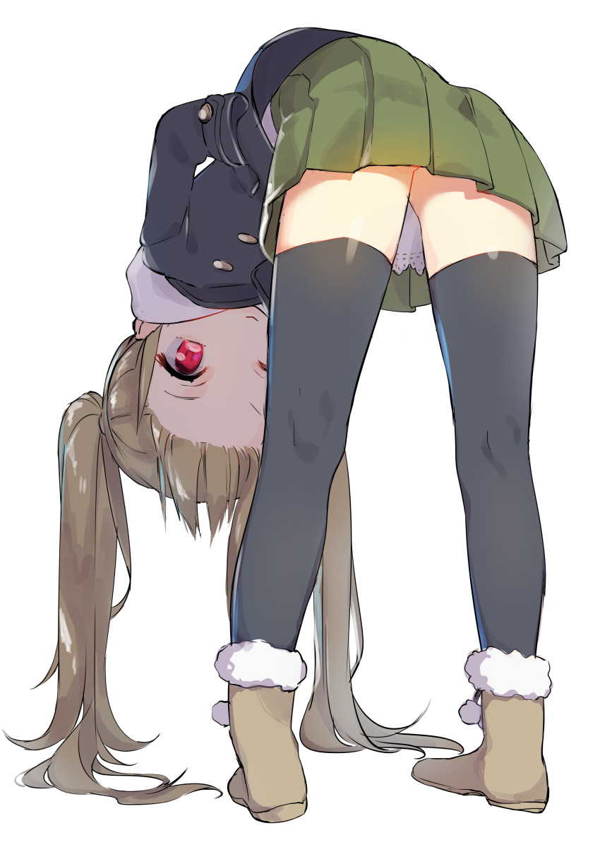 1girl :&gt; absurdres bangs beige_footwear black_coat black_legwear boots brown_hair closed_mouth full_body fur-trimmed_boots fur_trim green_skirt hands_in_pockets highres long_hair long_sleeves looking_at_viewer looking_back omucchan_(omutyuan) original pleated_skirt red_eyes simple_background skirt smile solo standing thigh-highs twintails very_long_hair white_background