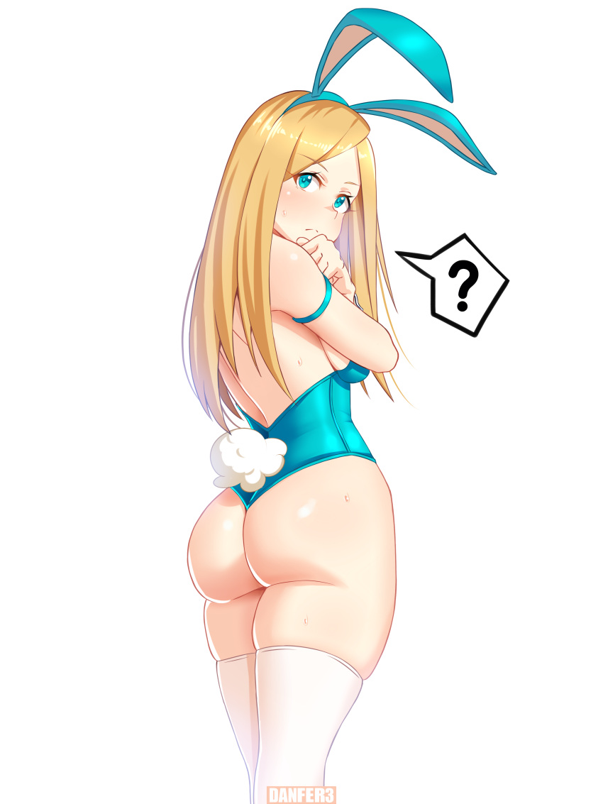 1girl absurdres animal_ears armlet artist_name ass bangs blonde_hair blue_eyes blush breasts bunny_tail bunnysuit commentary crossed_arms danfer3 eyebrows_visible_through_hair fake_animal_ears highres leotard looking_at_viewer looking_back medium_breasts original rabbit_ears simple_background solo strapless strapless_leotard tail thigh-highs white_background white_legwear