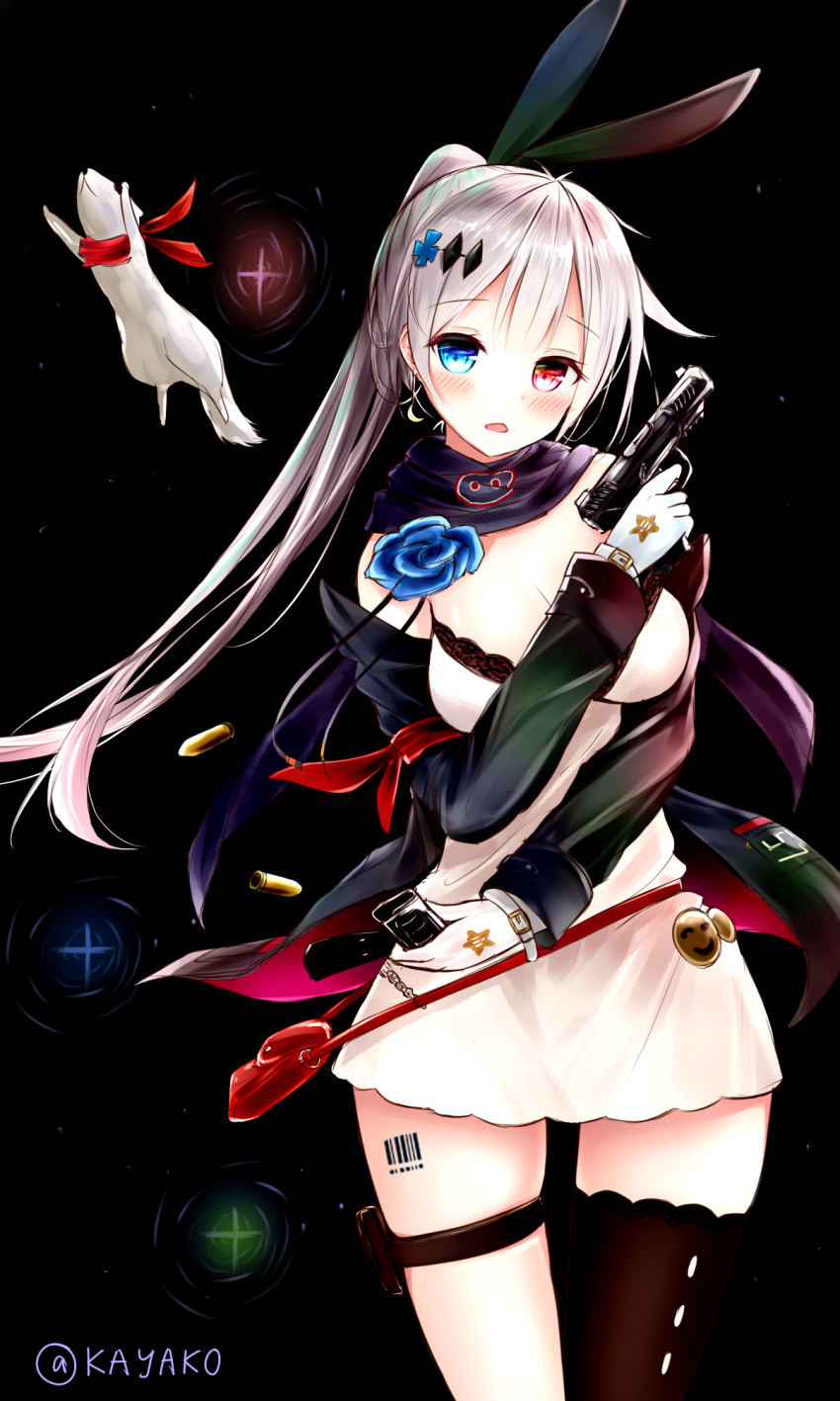 1girl ammunition_pouch animal arm_around_waist armband asymmetrical_legwear bangs barcode barcode_tattoo belt black_background black_jacket black_ribbon blue_eyes blue_rose blush breasts bullet cleavage cosplay cowboy_shot crescent crescent_earrings dress earrings eyebrows_visible_through_hair eyes_visible_through_hair fal_(girls_frontline) ferret finger_on_trigger five-seven_(girls_frontline) five-seven_(gun) flower g11_(girls_frontline) g11_(girls_frontline)_(cosplay) g41_(girls_frontline) g41_(girls_frontline)_(cosplay) girls_frontline gloves gun hair_between_eyes hair_ornament hair_ribbon hairclip handgun head_tilt heterochromia highres hk416_(girls_frontline) hk416_(girls_frontline)_(cosplay) holding holding_gun holding_weapon jacket jewelry jumping kayakooooo long_hair long_sleeves looking_at_viewer magazine_(weapon) medium_breasts open_clothes open_jacket open_mouth ponytail purple_scarf red_eyes red_scarf ribbon rose scarf shell_casing silver_hair simple_background single_thighhigh solo standing strap tattoo thigh-highs thighs type_59_pistol_(girls_frontline) type_59_pistol_(girls_frontline)_(cosplay) very_long_hair weapon white_dress white_gloves