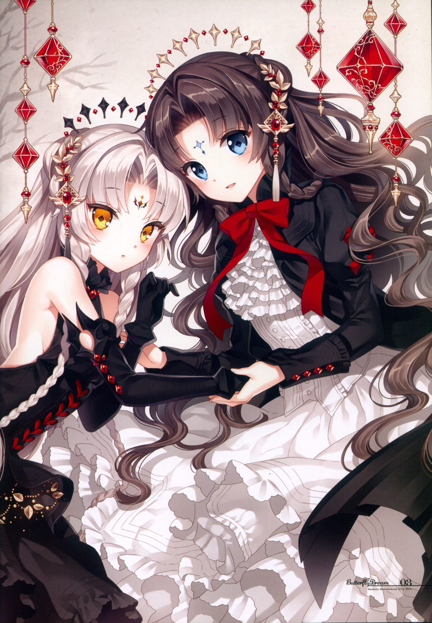 2girls absurdres artist_name bangs bare_shoulders black_dress black_gloves black_hair blue_eyes blush braid breasts dress elbow_gloves eyebrows_visible_through_hair facial_mark forehead_mark frills gloves hair_ornament highres huge_filesize juliet_sleeves long_hair long_sleeves looking_at_viewer multiple_girls nardack open_mouth original page_number parted_lips puffy_sleeves scan simple_background small_breasts tree_branch white_hair yellow_eyes