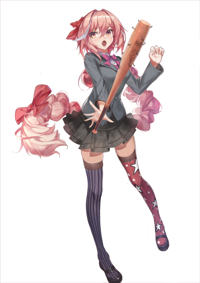 1girl :o astolfo_(fate) bangs baseball_bat black_footwear blue_legwear blush bow breasts eyebrows_visible_through_hair fang fate/apocrypha fate_(series) full_body genderswap genderswap_(mtf) hair_between_eyes hair_bow highres long_hair long_sleeves looking_at_viewer mary_janes medium_breasts mismatched_legwear multicolored_hair open_mouth outstretched_arm pink_bow pink_hair pink_neckwear pleated_skirt print_skirt rabbit_(tukenitian) red_bow red_legwear school_uniform shoes simple_background skirt spread_fingers star star_print streaked_hair striped striped_legwear tareme thigh-highs vertical-striped_legwear vertical_stripes very_long_hair white_background white_hair zettai_ryouiki