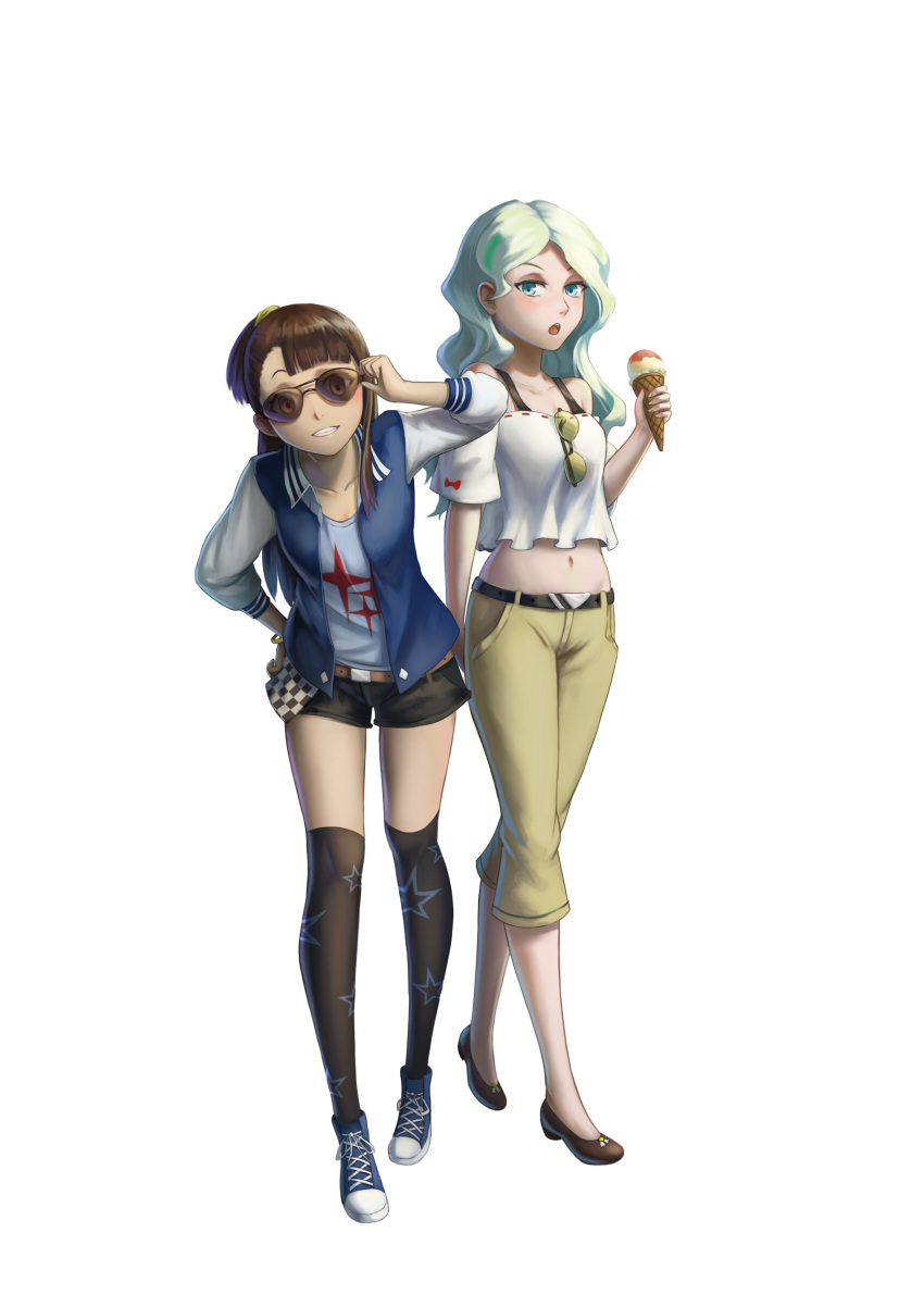 2girls absurdres adjusting_eyewear alternate_costume asymmetrical_bangs bangs bare_shoulders belt blonde_hair blue_eyes blue_vest breasts brown_hair casual chains clouds diana_cavendish eyewear_removed food groin gy_(l964625780) heart highres ice_cream ice_cream_cone kagari_atsuko kneehighs leaning_forward little_witch_academia long_hair long_sleeves looking_at_viewer medium_breasts midriff multiple_girls navel open_mouth pants short_ponytail sky star star_print vest waffle_cone