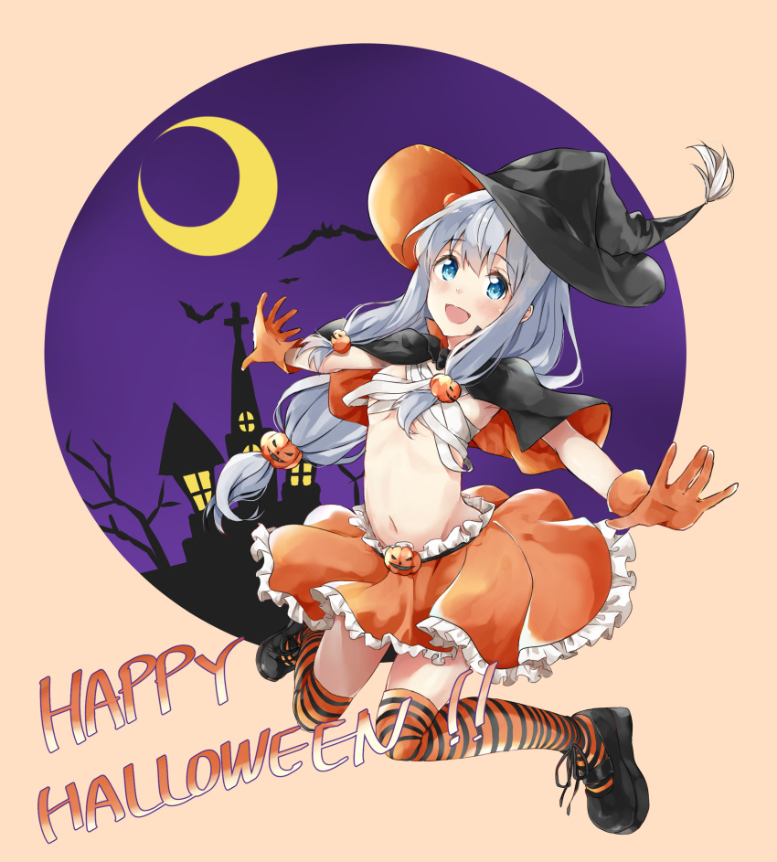1girl absurdres bat black_legwear blue_eyes breasts capelet crescent_moon eromanga_sensei fujisaki_ribbon gloves hair_ornament halloween_costume happy_halloween hat hat_feather highres izumi_sagiri jack-o'-lantern jack-o'-lantern_hair_ornament jumping long_hair looking_at_viewer midriff miniskirt moon multicolored multicolored_clothes multicolored_legwear navel open_mouth orange_gloves orange_legwear outstretched_arms sarashi shoes silhouette silver_hair skirt small_breasts smile solo striped striped_legwear thigh-highs witch_hat zettai_ryouiki