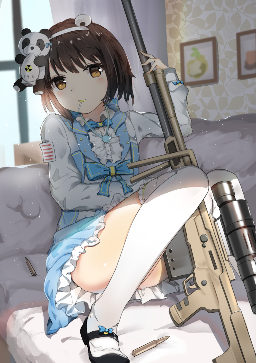 1girl ammunition animal_hair_ornament bangs between_legs black_footwear blue_dress blush brown_hair candy cartridge closed_mouth convenient_leg couch curtains dress even_(17245601) eyebrows_visible_through_hair food frilled_dress frills gun hairband highres indoors jewelry light_particles lollipop long_sleeves looking_at_viewer necklace on_couch photo_(object) pinafore_dress radiation_symbol rifle shirt shoes short_hair sitting sleeves_past_wrists smile sniper_rifle solo stuffed_animal stuffed_panda stuffed_toy tareme thigh-highs thighs weapon weapon_request white_hairband white_legwear white_shirt window yellow_eyes