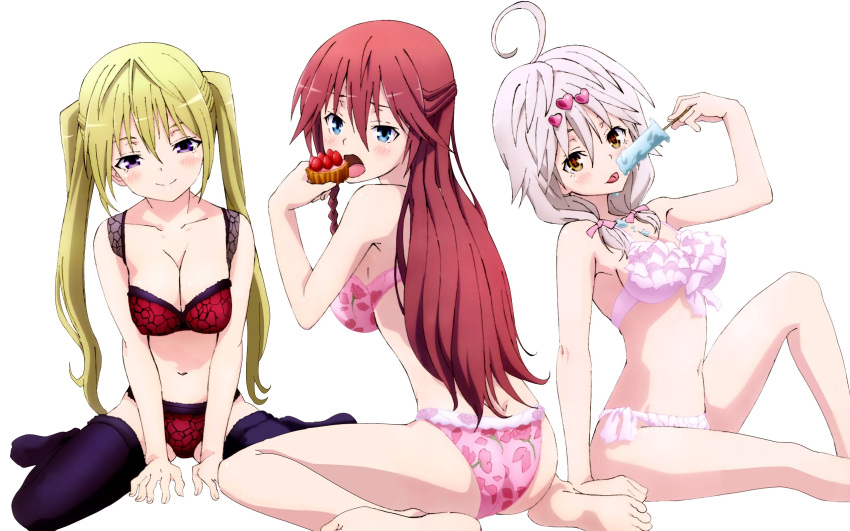 3girls ahoge asami_lilith bangs barefoot between_legs blonde_hair blue_eyes blush bra braid breasts butt_crack cleavage dessert feet floral_print food grin hair_between_eyes hair_ornament hair_over_shoulder hair_ribbon hand_between_legs heart_hair_ornament highres knees_up kurata_yui lieselotte_sherlock long_hair looking_at_viewer looking_back low_twintails multiple_girls navel no_shoes official_art open_mouth panties pink_bra pink_panties popsicle red_bra redhead ribbon sideboob sitting smile symbol-shaped_pupils thigh-highs thighs toes tongue tongue_out trinity_seven twintails underwear very_long_hair violet_eyes white_background white_hair yellow_eyes