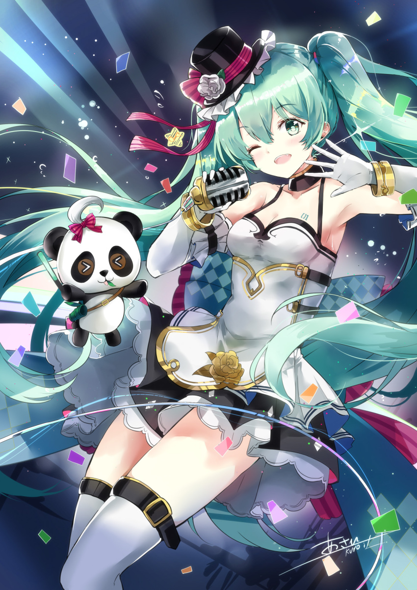 &gt;_&lt; 1girl aqua_eyes aqua_hair argyle arm_up bangs bare_shoulders black_skirt blush bracelet breasts camisole cleavage confetti elbow_gloves eyebrows_visible_through_hair gloves hair_between_eyes hand_up hat hatsune_miku highres holding holding_microphone jewelry k.syo.e+ long_hair looking_at_viewer microphone mini_hat mini_top_hat one_eye_closed open_mouth panda sidelocks skirt small_breasts smile solo star teeth thigh-highs thighs top_hat twintails vocaloid white_gloves white_legwear