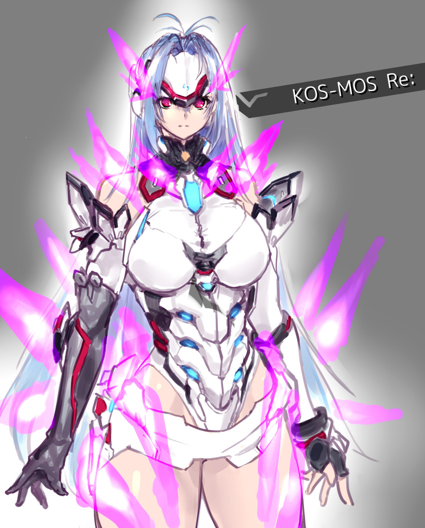 1girl android antenna_hair arm_guards arms_at_sides bare_shoulders black_gloves blue_hair breasts character_name collar cowboy_shot cyborg elbow_gloves expressionless fingerless_gloves fire forehead_protector gloves hair_between_eyes highres kos-mos kos-mos_re: large_breasts leotard long_hair looking_at_viewer mismatched_gloves negresco pink_eyes red_eyes simple_background single_elbow_glove single_fingerless_glove sketch solo spoilers standing straight_hair thigh-highs thighs very_long_hair white_background white_leotard xenoblade xenoblade_2 xenosaga