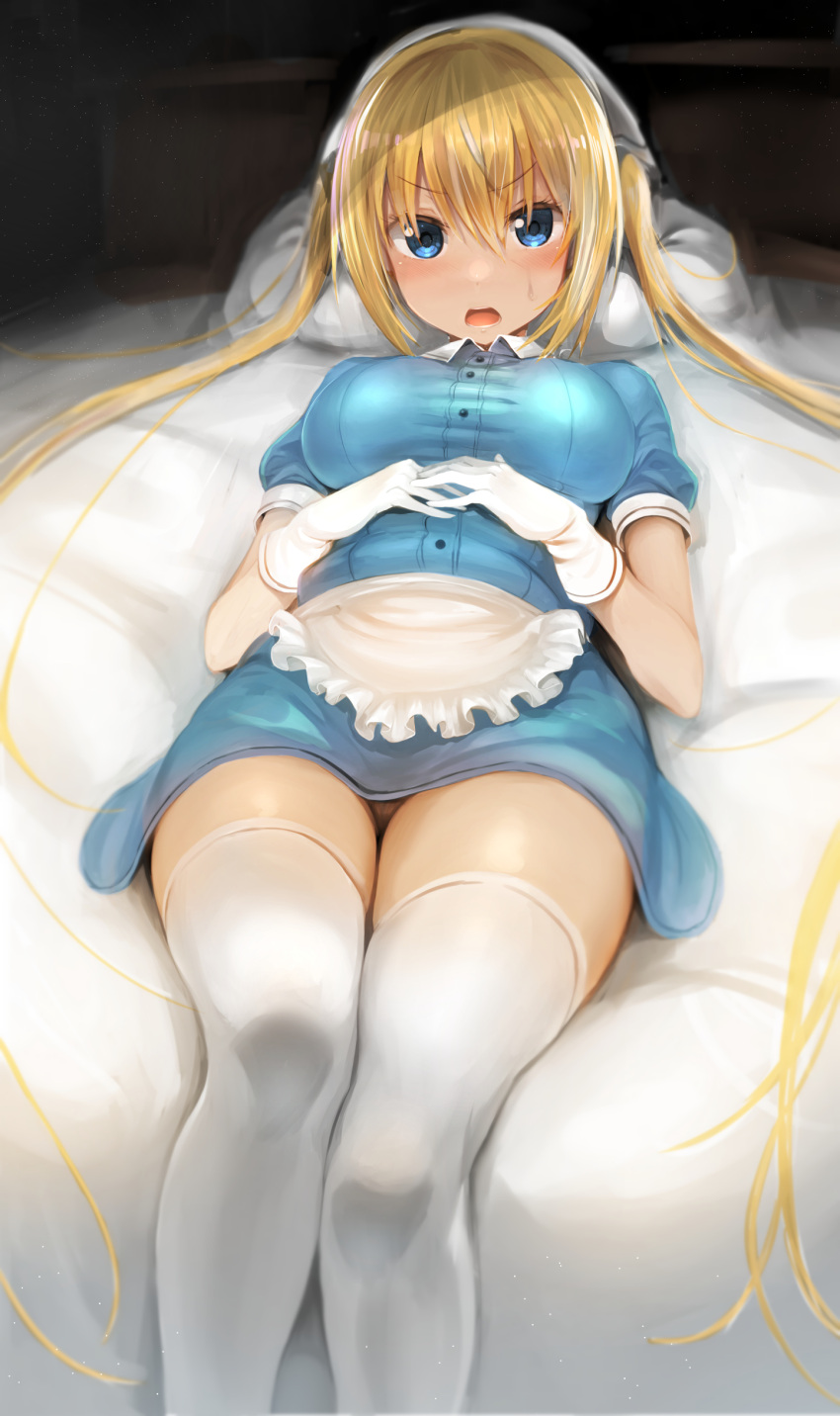1girl absurdres apron blend_s blonde_hair blue_dress blue_eyes blurry blush breasts commentary_request depth_of_field dress eyebrows_visible_through_hair gloves greatmosu hair_between_eyes head_scarf highres hinata_kaho large_breasts long_hair looking_at_viewer lying on_back on_bed open_mouth panties pantyshot pantyshot_(lying) short_dress solo stile_uniform sweatdrop taut_clothes taut_dress thigh-highs twintails underwear v-shaped_eyebrows very_long_hair waist_apron waitress white_gloves white_legwear zettai_ryouiki
