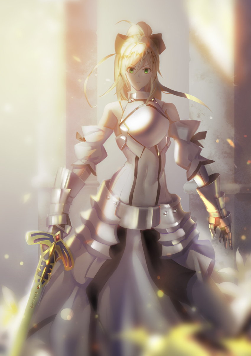 1girl absurdres ahoge armor armored_dress arms_at_sides artoria_pendragon_(all) black_ribbon blonde_hair breastplate caliburn column detached_sleeves fate/unlimited_codes fate_(series) green_eyes highres long_hair pillar ribbon saber_lily serious solo v-shaped_eyebrows xell80