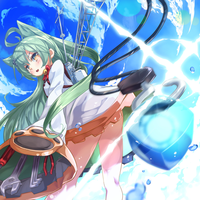 1girl :3 absurdres ahoge akashi_(azur_lane) animal_ears ass azur_lane bangs bell blue_sky bow cat_ears clouds commentary_request crane day dress eyebrows_visible_through_hair from_behind green_hair hair_between_eyes hands_in_sleeves hellnyaa highres ice ice_cube jingle_bell long_hair long_sleeves looking_at_viewer looking_back machinery outdoors parted_lips red_bow screwdriver sky smile solo very_long_hair water_drop white_dress wide_sleeves wrench yellow_eyes