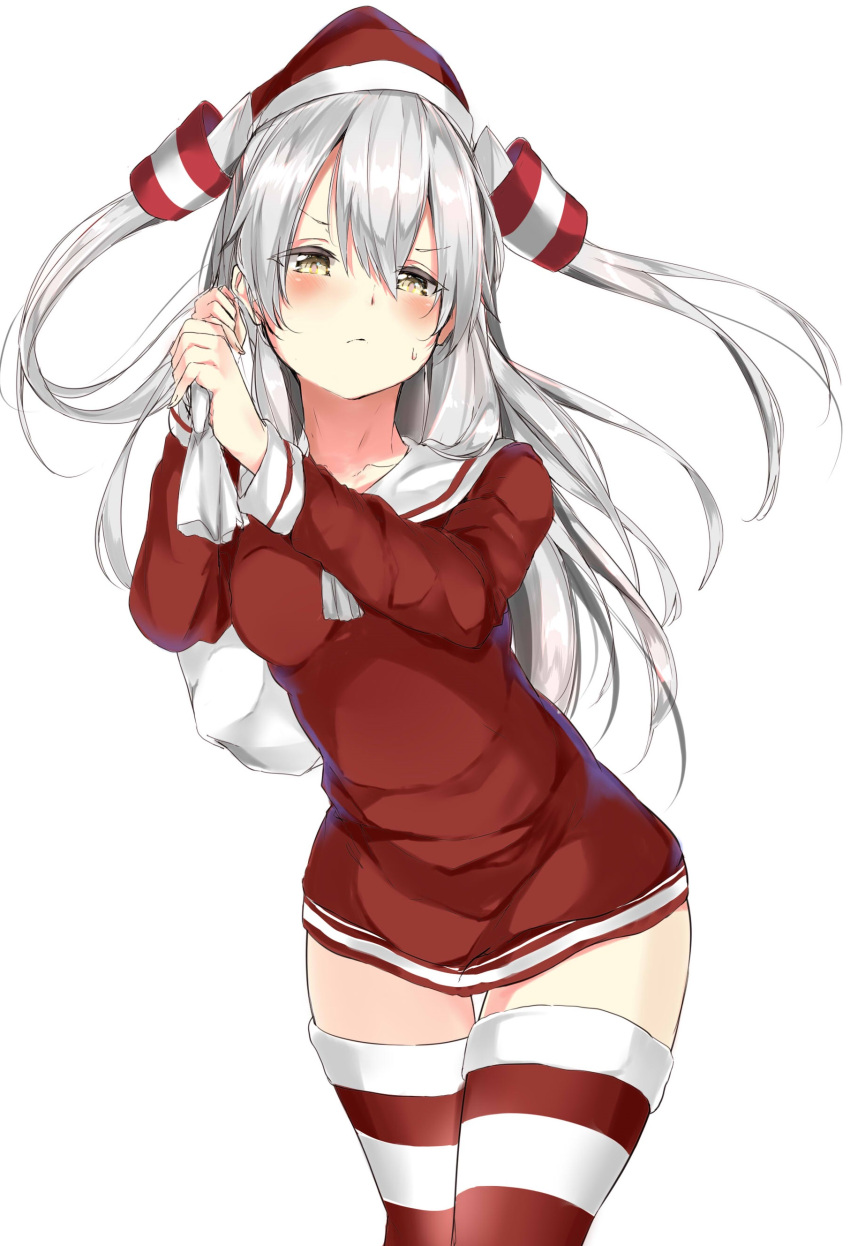 1girl absurdres alternate_costume amatsukaze_(kantai_collection) blush breasts closed_mouth cowboy_shot hair_between_eyes hair_tubes hands_up hat highres holding kantai_collection long_hair long_sleeves looking_at_viewer namuru_(kurinton) over_shoulder red_hat red_shirt sack sailor_collar santa_hat shirt silver_hair simple_background small_breasts solo standing striped striped_legwear thigh_gap thighs two_side_up v-shaped_eyebrows very_long_hair white_background yellow_eyes