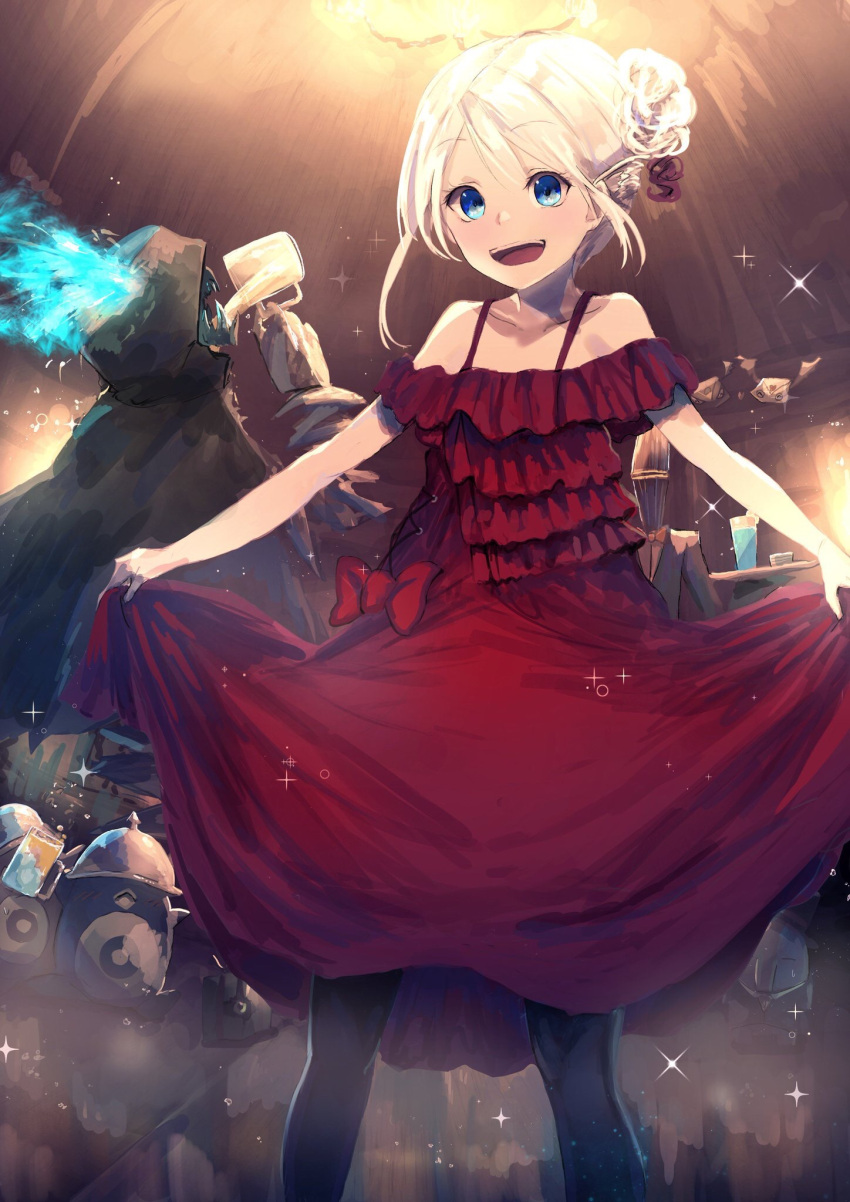 1girl :d animal bangs bare_shoulders beer_mug bird black_cloak black_hat black_legwear blonde_hair blue_eyes blue_fire blush bow bowtie butler ceiling_light cloak collarbone commentary_request covered_eyes cup dress drinking drinking_glass eyebrows_visible_through_hair fire hat helmet helmet_over_eyes highres holding holding_mug holding_tray hood hood_up hooded_cloak indoors kumamoto_nomii-kun looking_at_viewer off-shoulder_dress off_shoulder open_mouth orange_neckwear original pantyhose penguin red_bow red_dress robot sidelocks skirt_hold sleeveless sleeveless_dress smile sparkle top_hat tray tuxedo upper_teeth wings