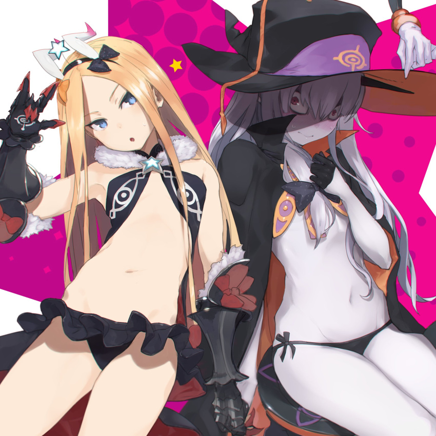 2girls abigail_williams_(fate/grand_order) albino black_bra black_cape black_gloves black_panties blonde_hair blue_eyes blush bow bra cape fate/grand_order fate_(series) flat_chest fur_collar gauntlets gloves hair_between_eyes hair_bow hair_ornament hairband half_gloves hat head_tilt high_collar highres holding_hand kumonji_aruto lavinia_whateley_(fate/grand_order) long_hair looking_at_viewer multiple_girls navel panties parted_lips red_eyes silver_hair sitting sweat sweatdrop underwear very_long_hair white_skin wide-eyed witch_hat