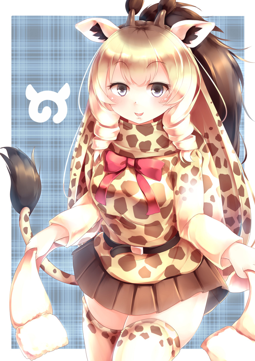 1girl :d absurdres belt black_eyes blonde_hair bow bowtie brown_hair brown_skirt commentary cowboy_shot drill_hair eyebrows_visible_through_hair giraffe_ears giraffe_horns giraffe_print giraffe_tail highres japari_symbol kanzakietc kemono_friends long_hair long_sleeves looking_at_viewer multicolored_hair open_mouth pink_neckwear pleated_skirt print_legwear print_scarf print_shirt rothschild's_giraffe_(kemono_friends) scarf shirt skirt smile solo thigh-highs twin_drills two-tone_hair zettai_ryouiki