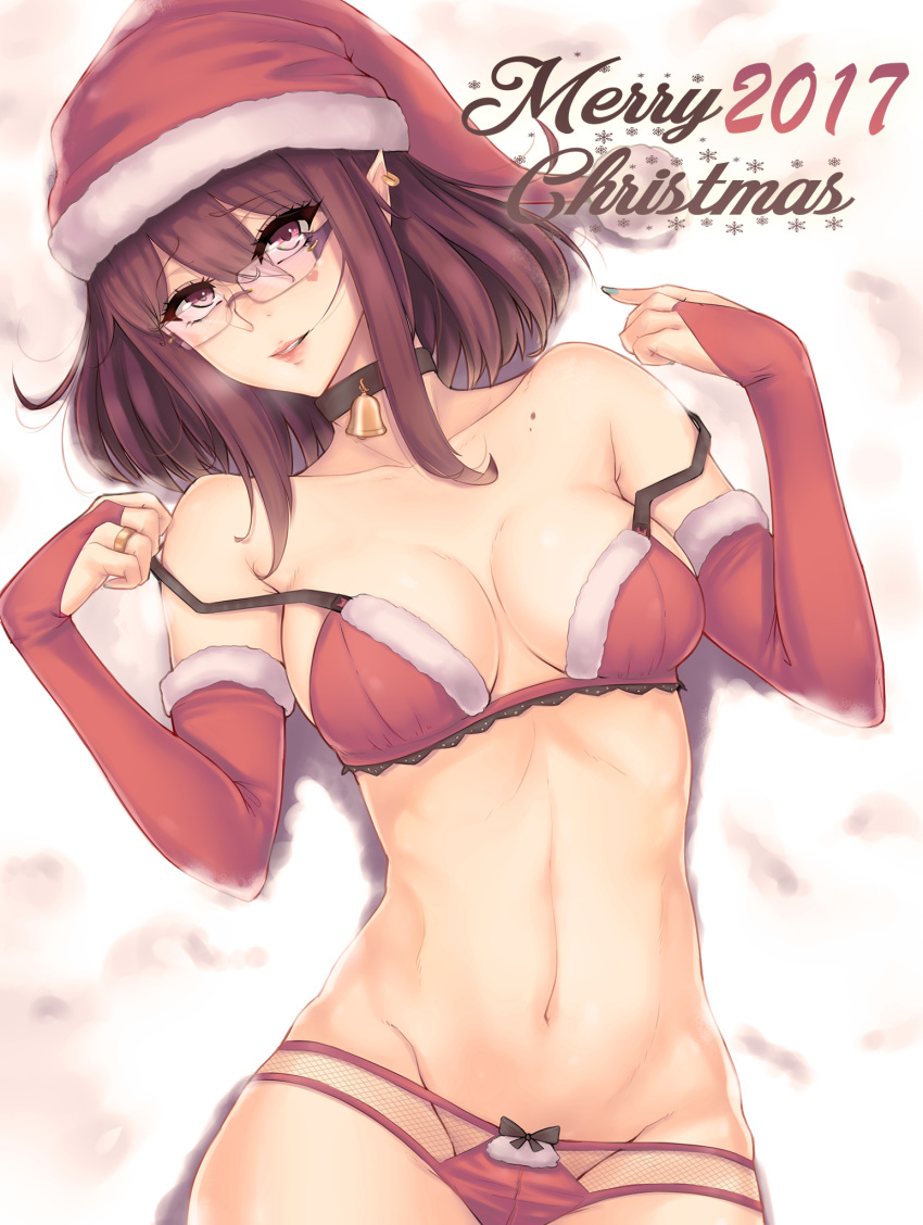 1girl 2017 bare_shoulders bell bell_choker black_bow black_choker blue_nails blush bow bow_panties bra breasts breath bridal_gauntlets choker christmas cleavage collarbone commentary cowboy_shot earrings elbow_gloves english eyebrows_visible_through_hair eyelashes facial_tattoo fur-trimmed_gloves fur_trim glasses gloves groin hair_between_eyes hands_up hat head_tilt heart heart_tattoo highres hips jewelry lace lace-trimmed_bra large_breasts lingerie lips lipstick looking_at_viewer makeup medium_hair merry_christmas mesh mole nail_polish navel nose_blush original panties parted_lips pointing pointing_at_self pointy_ears purple_mii red_bra red_eyes red_gloves red_hat red_panties redhead removing_bra rimless_eyewear ring santa_bra santa_gloves santa_hat santa_panties seductive_smile see-through smile solo strap_slip tattoo tsurime underwear underwear_only wedding_band white_background