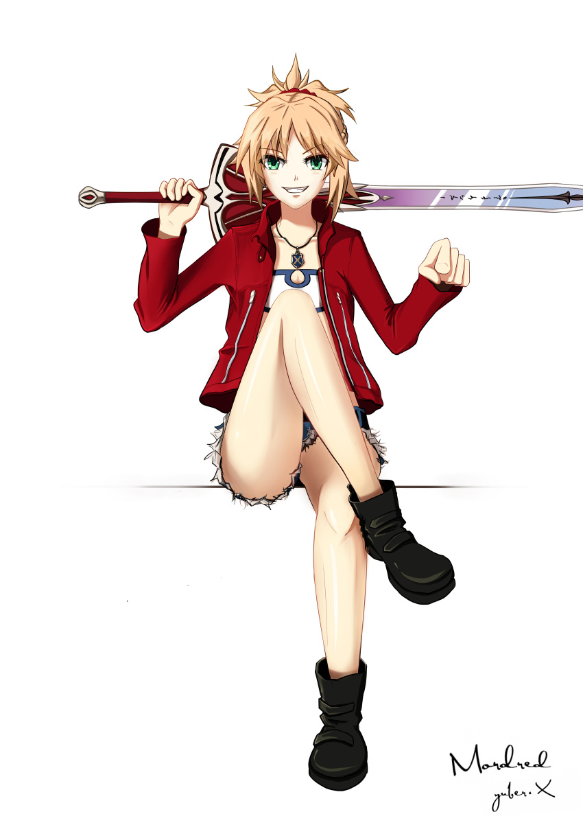 absurdres blonde_hair boots breasts character_name clarent cleavage cleavage_cutout cutoff_jeans cutoffs denim denim_shorts fate/apocrypha fate_(series) green_eyes highres jacket legs_crossed mordred_(fate) mordred_(fate)_(all) over_shoulder pointing pointing_at_viewer red_jacket red_scrunchie shorts small_breasts sword sword_over_shoulder thighs weapon weapon_over_shoulder white_background yuber.x