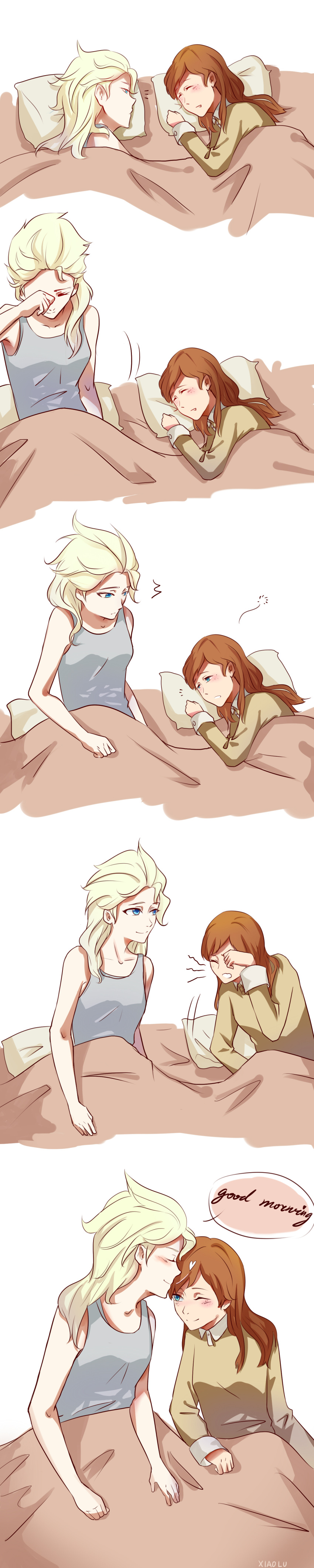 2girls absurdres anna_(frozen) artist_name blonde_hair blue_eyes blush brown_hair elsa_(frozen) english freckles frozen_(disney) heart highres long_hair long_image messy_hair multiple_girls one_eye_closed pajamas siblings sleeping sleepy smile tall_image tank_top under_covers white_background xiao_lu